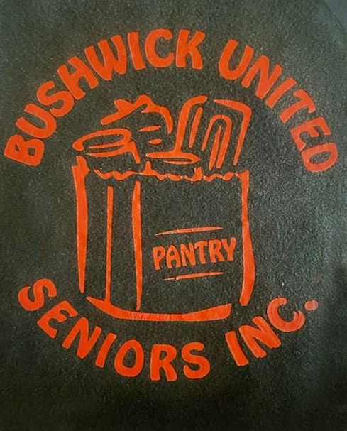 Bushwick United Seniors Food Pantry community outreach poster showing services and hours